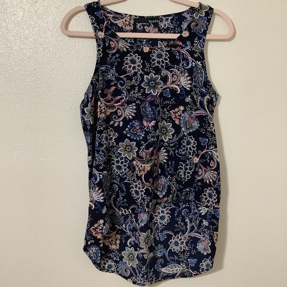 Ro & De Nordstrom Navy Boho Hippie Paisley Artsy Asymmetrical Hem Tank S‎ Spring